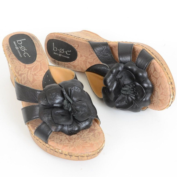 BOC Born Concept Sandals Women's Size 10 Cork Wedge Black Leather - Picture 1 of 9